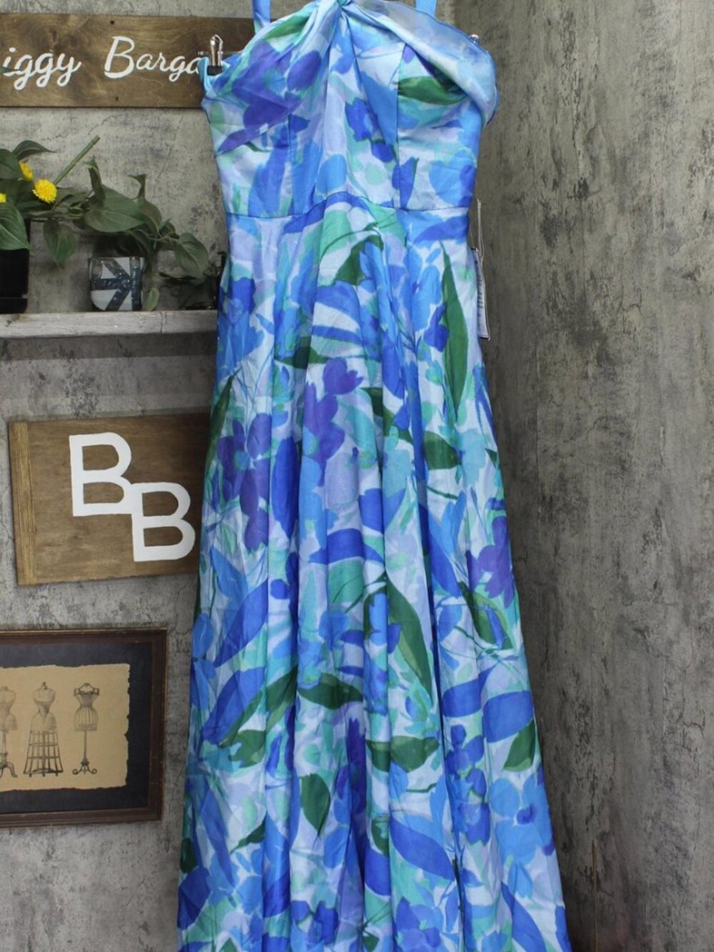 Taylor Blue Twisted Halter Printed Gown Dress 9185S Sapphire 14
